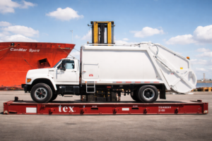 Heavy-duty garbage trucks prepared for ocean shipment.