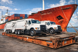Heavy-duty garbage trucks prepared for ocean shipment.